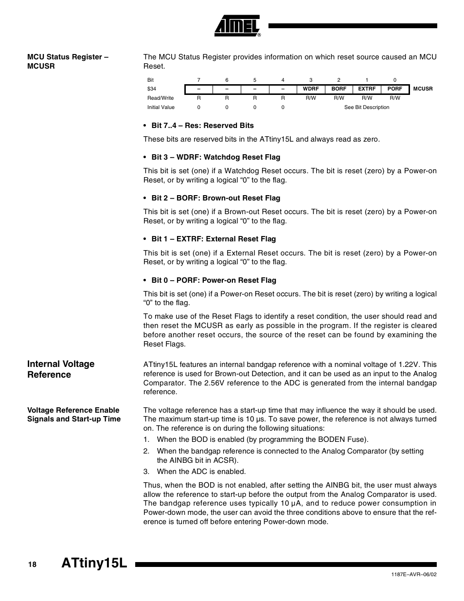 Mcu status register – mcusr, Internal voltage reference, Voltage reference enable signals and start-up time | Attiny15l | Rainbow Electronics ATtiny15L User Manual | Page 18 / 83