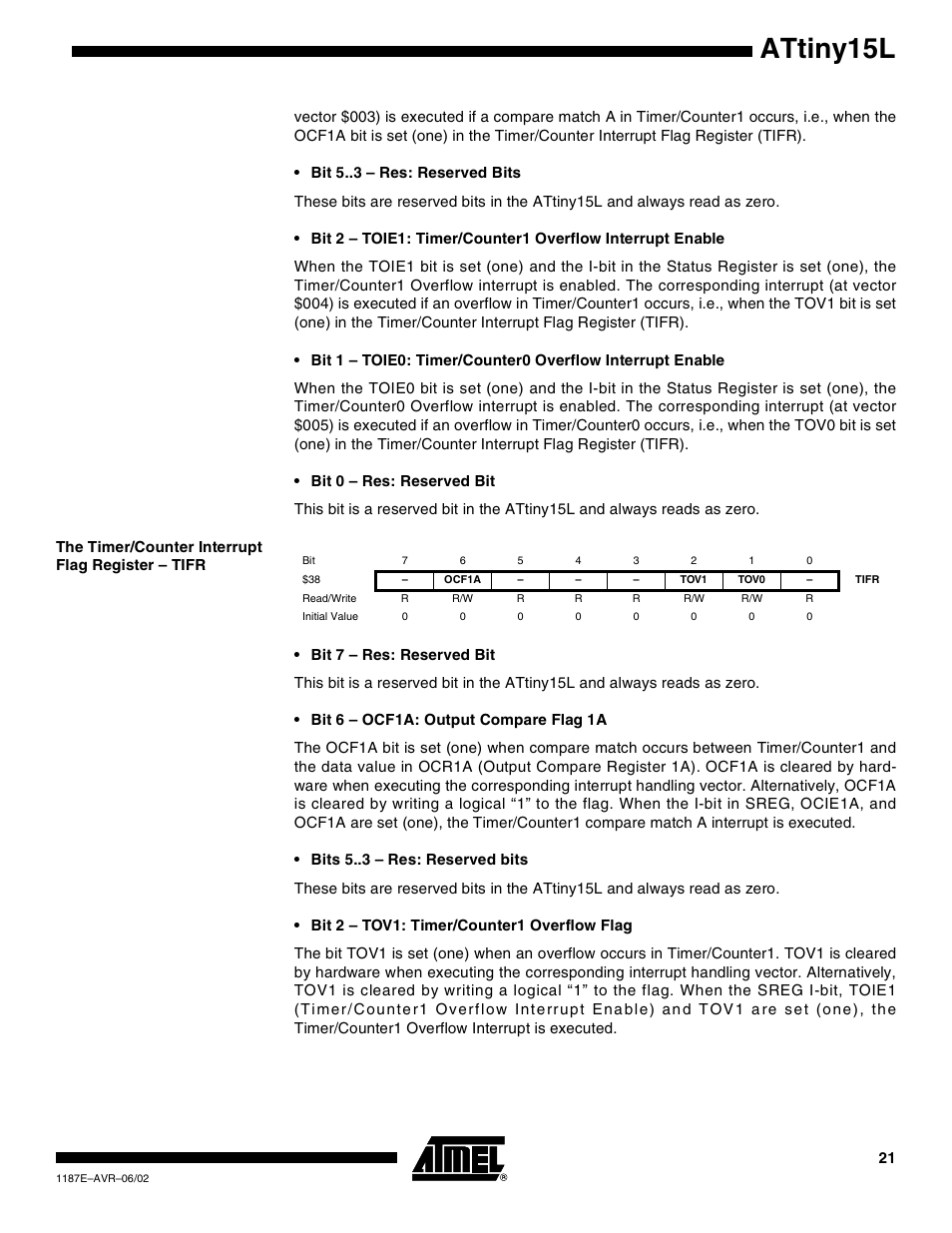 The timer/counter interrupt flag register – tifr, Attiny15l | Rainbow Electronics ATtiny15L User Manual | Page 21 / 83