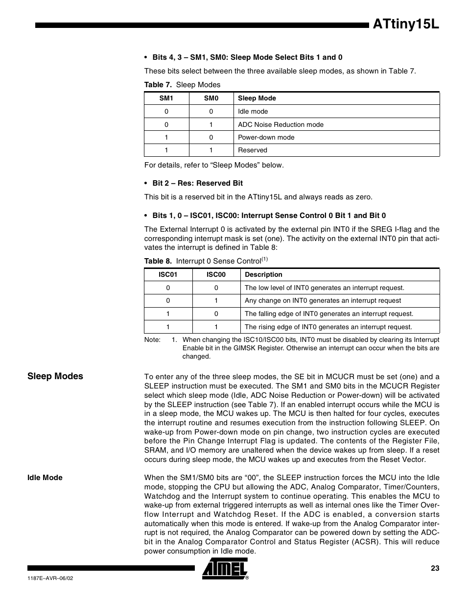 Sleep modes, Idle mode, Attiny15l | Rainbow Electronics ATtiny15L User Manual | Page 23 / 83