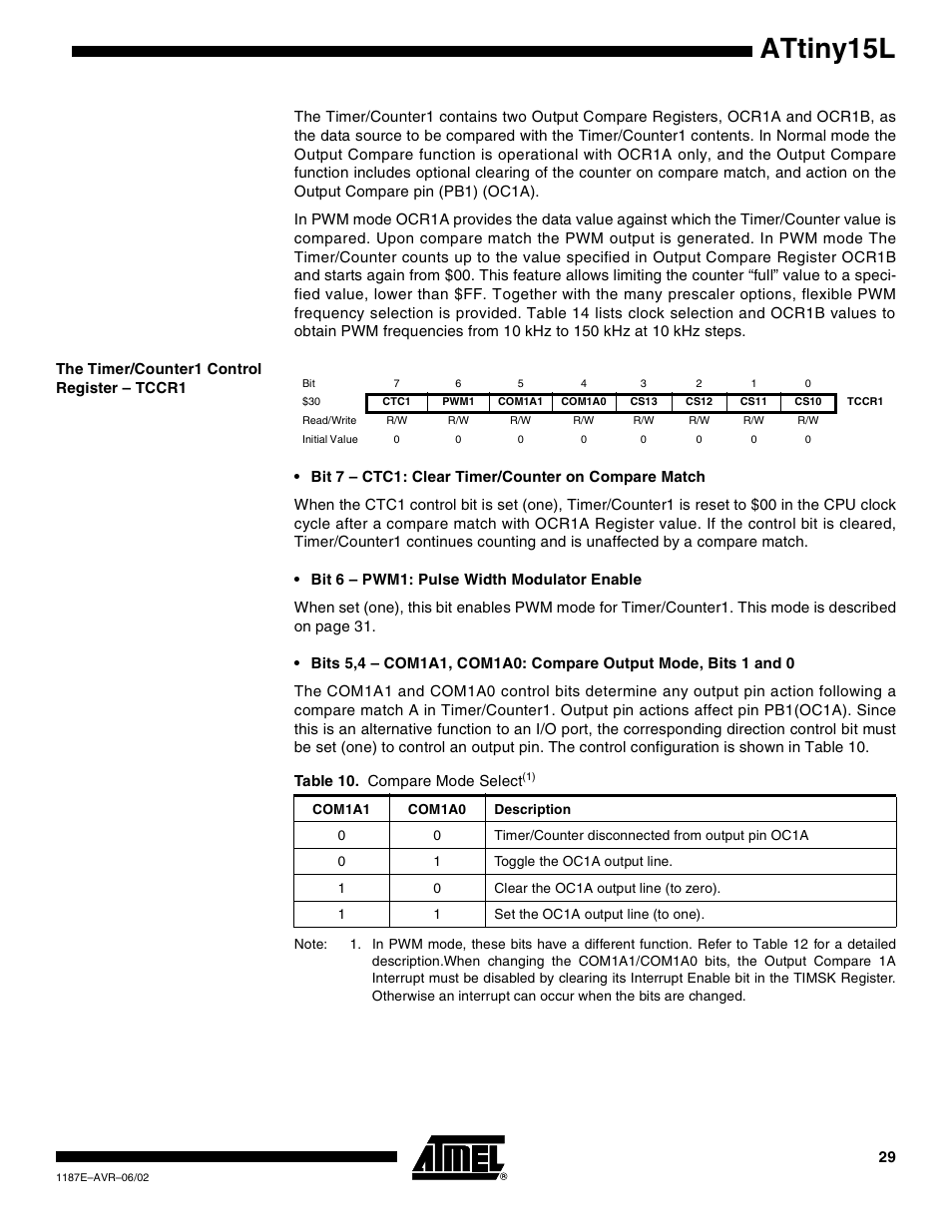 The timer/counter1 control register – tccr1, Attiny15l | Rainbow Electronics ATtiny15L User Manual | Page 29 / 83