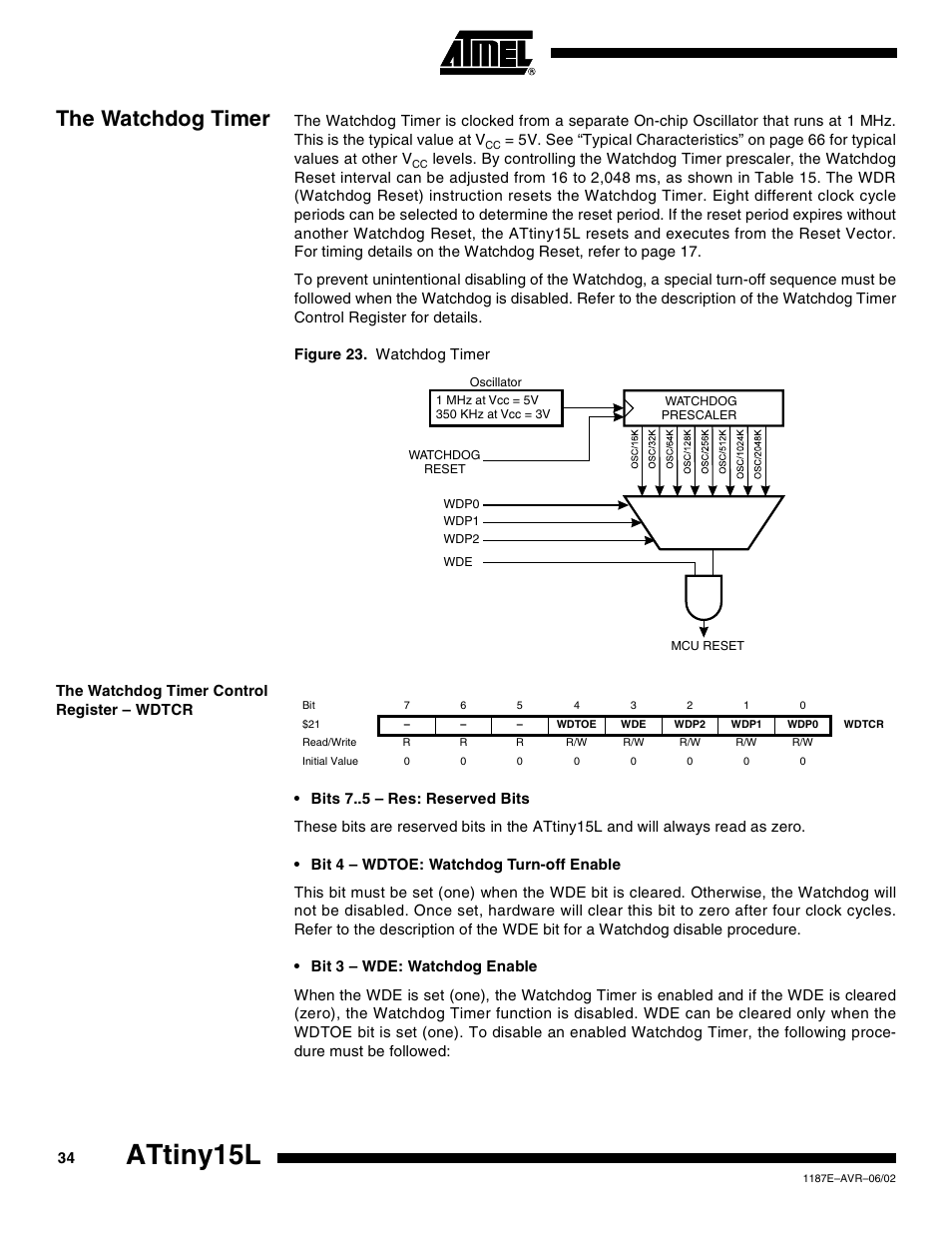 The watchdog timer, The watchdog timer control register – wdtcr, Attiny15l | Rainbow Electronics ATtiny15L User Manual | Page 34 / 83