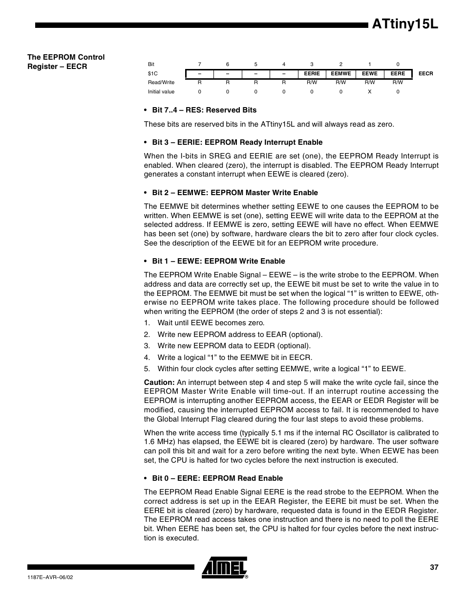 The eeprom control register – eecr, Attiny15l | Rainbow Electronics ATtiny15L User Manual | Page 37 / 83