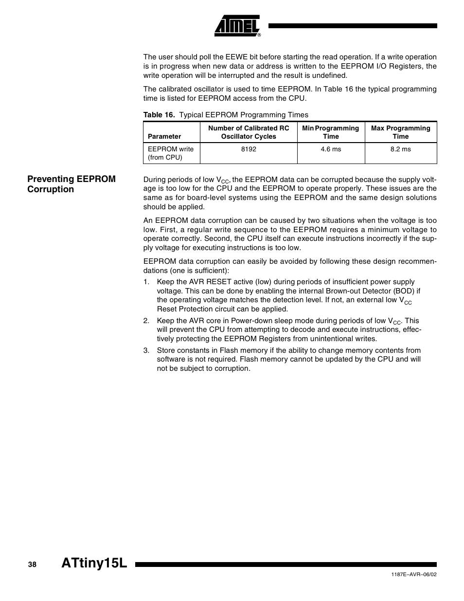 Preventing eeprom corruption, Attiny15l | Rainbow Electronics ATtiny15L User Manual | Page 38 / 83