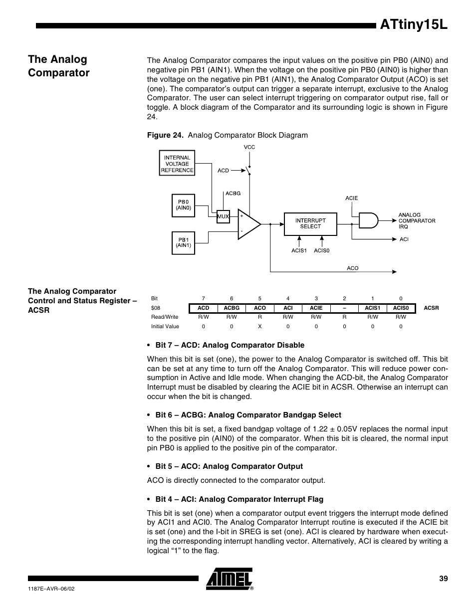 The analog comparator, Attiny15l | Rainbow Electronics ATtiny15L User Manual | Page 39 / 83