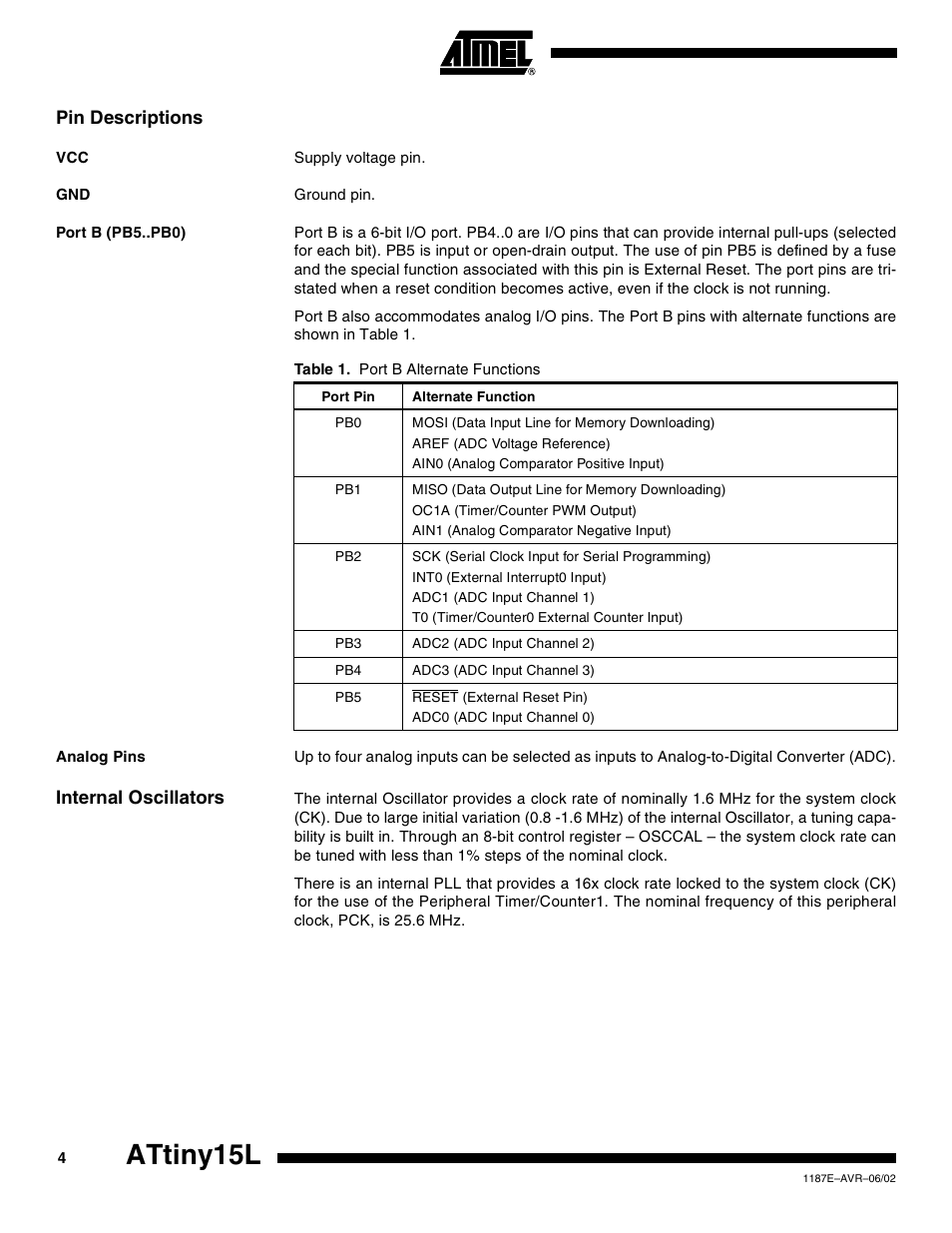 Pin descriptions, Port b (pb5..pb0), Analog pins | Internal oscillators, Attiny15l | Rainbow Electronics ATtiny15L User Manual | Page 4 / 83