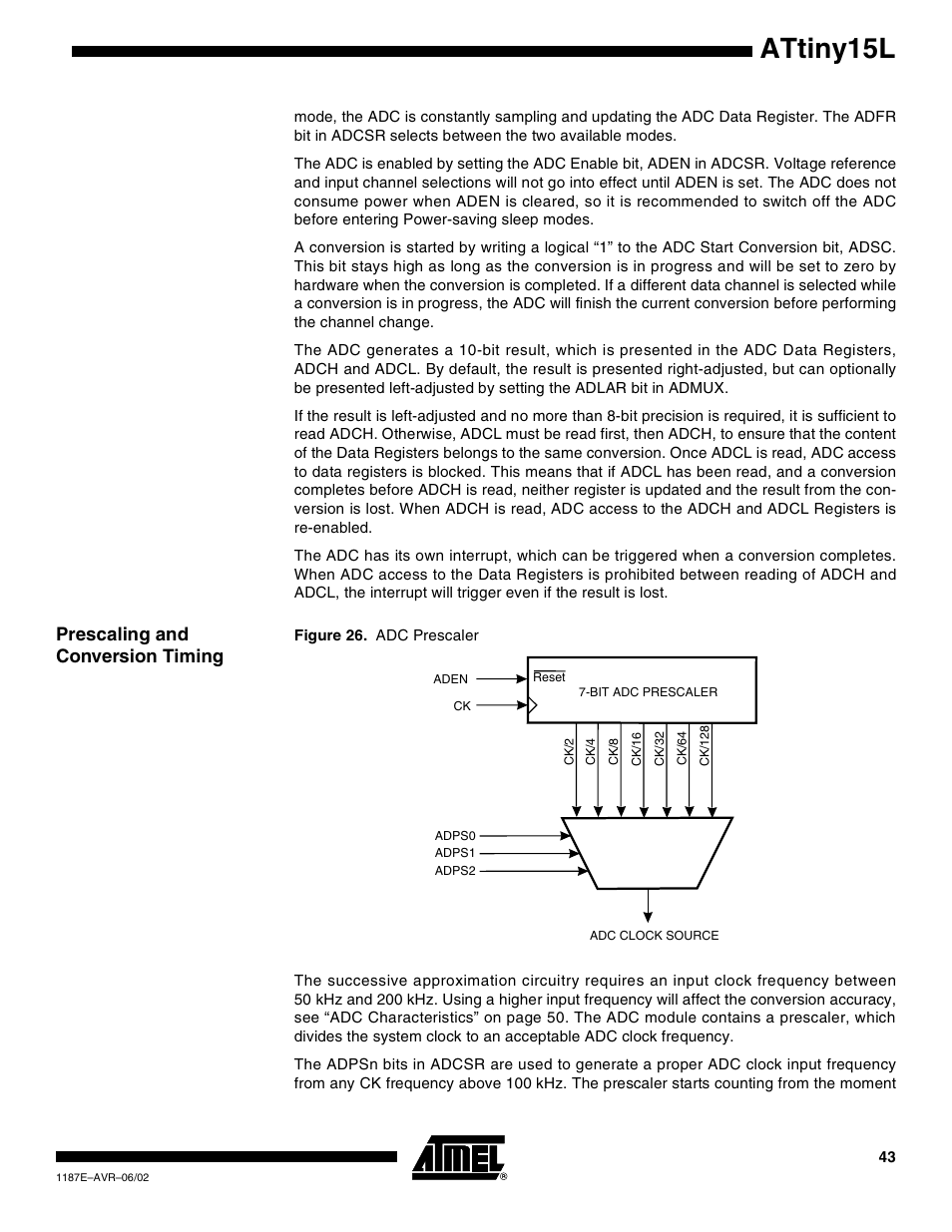 Prescaling and conversion timing, Attiny15l | Rainbow Electronics ATtiny15L User Manual | Page 43 / 83