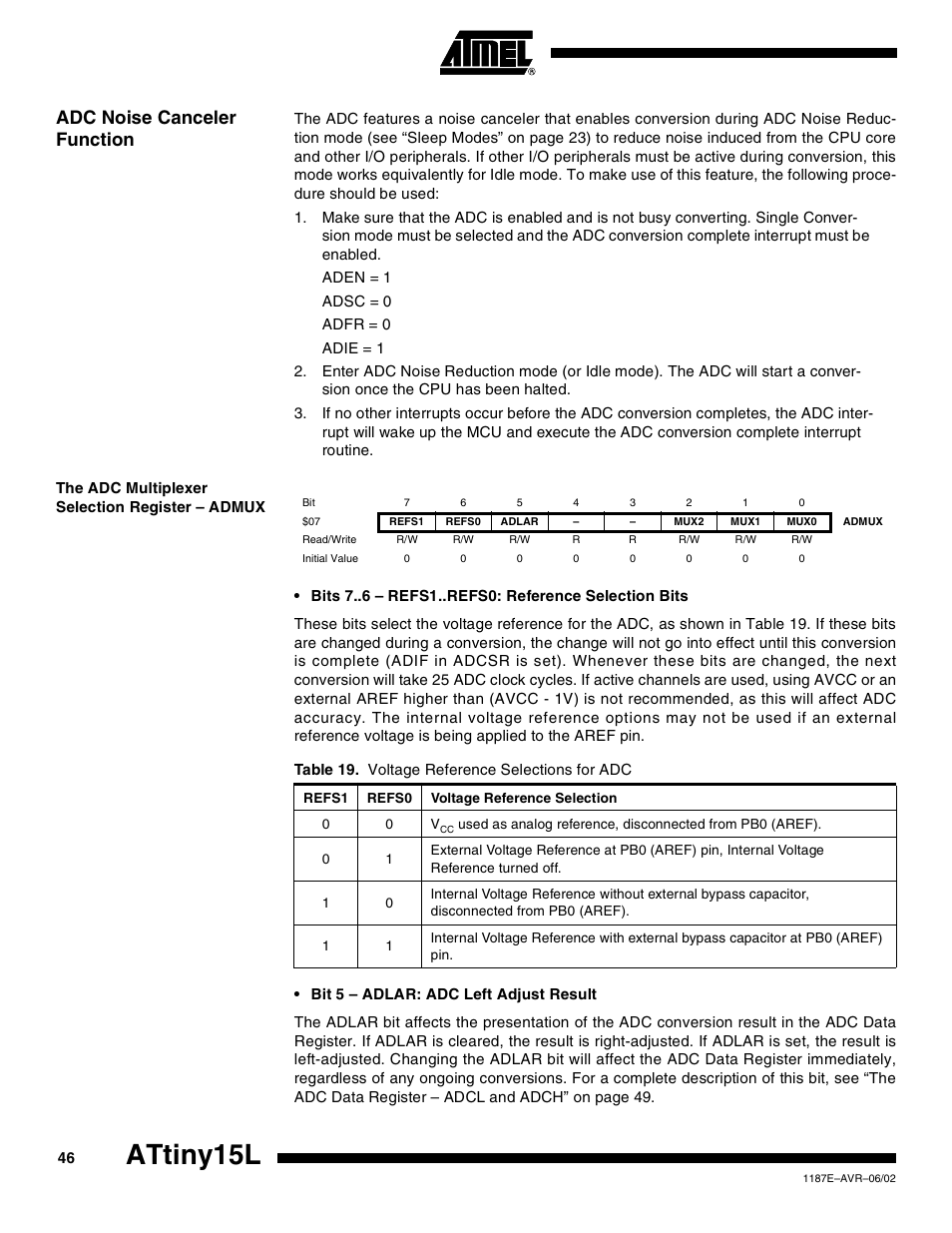 Adc noise canceler function, The adc multiplexer selection register – admux, Attiny15l | Rainbow Electronics ATtiny15L User Manual | Page 46 / 83