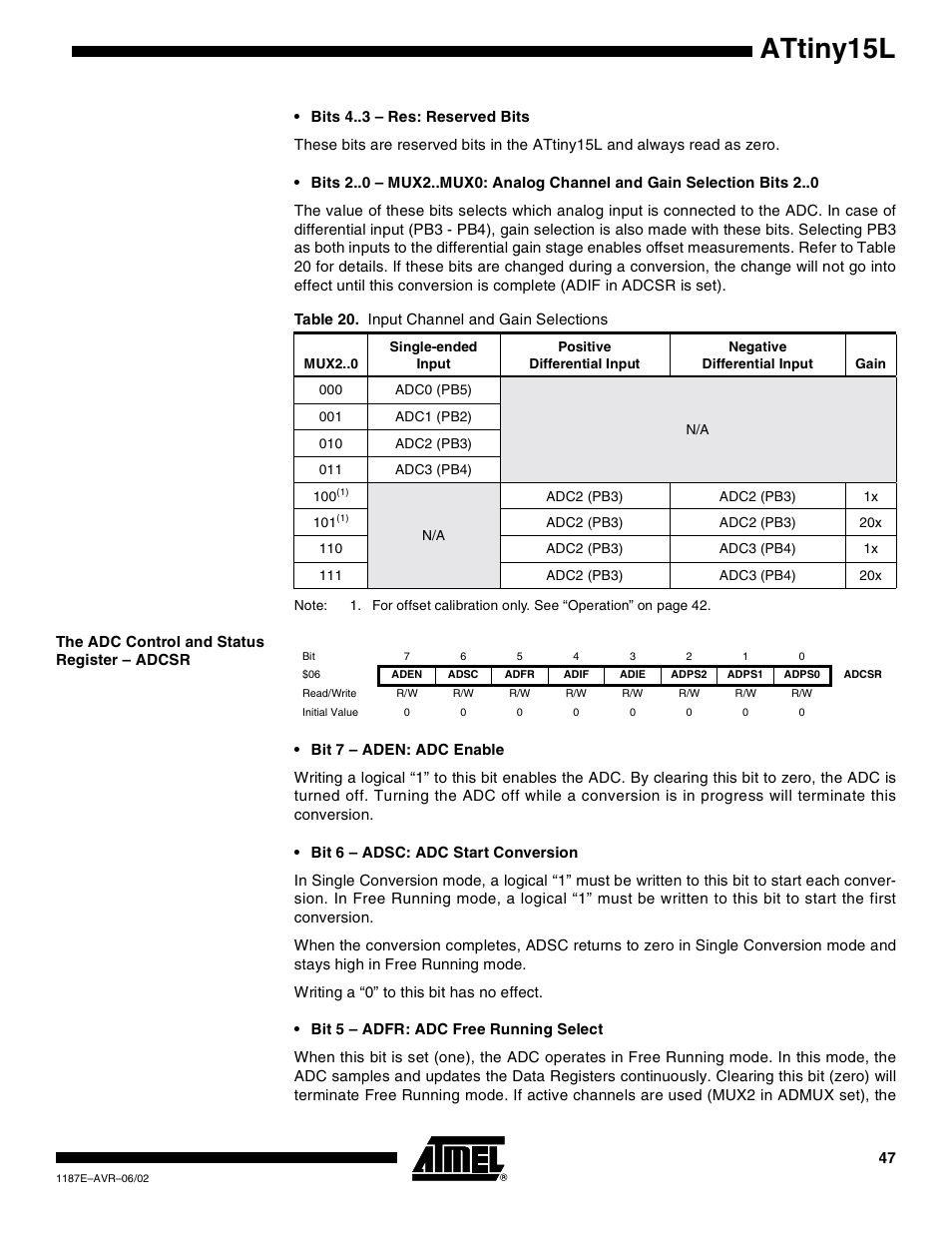 The adc control and status register – adcsr, Attiny15l | Rainbow Electronics ATtiny15L User Manual | Page 47 / 83