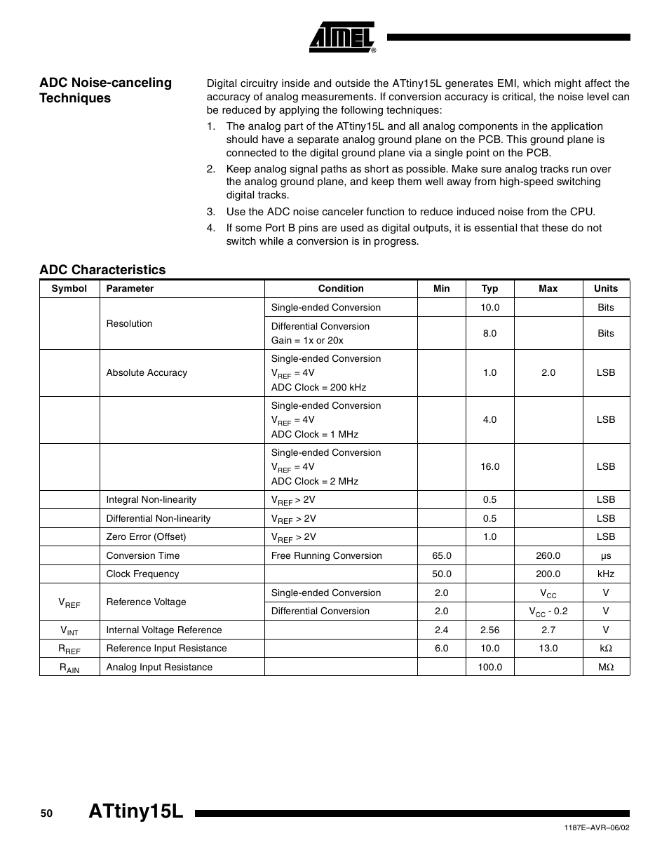 Adc noise-canceling techniques, Adc characteristics, Attiny15l | Rainbow Electronics ATtiny15L User Manual | Page 50 / 83