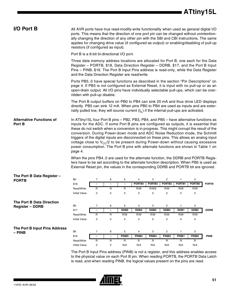 I/o port b, Alternative functions of port b, The port b data register – portb | The port b data direction register – ddrb, The port b input pins address – pinb, Attiny15l | Rainbow Electronics ATtiny15L User Manual | Page 51 / 83