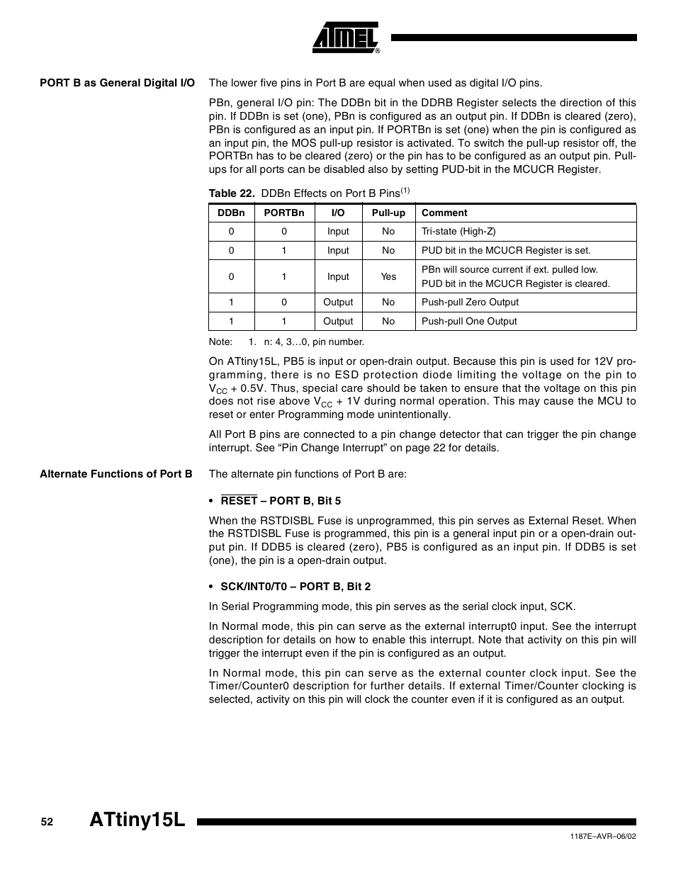 Port b as general digital i/o, Alternate functions of port b, Attiny15l | Rainbow Electronics ATtiny15L User Manual | Page 52 / 83