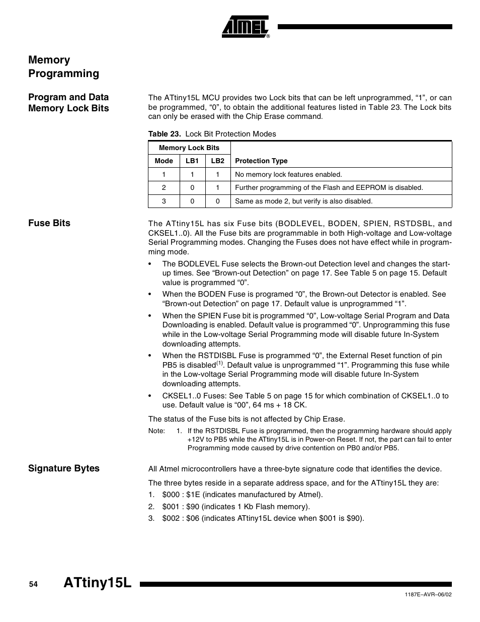 Memory programming, Program and data memory lock bits, Fuse bits | Signature bytes, Attiny15l | Rainbow Electronics ATtiny15L User Manual | Page 54 / 83