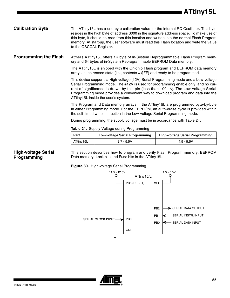 Calibration byte, Programming the flash, High-voltage serial programming | Attiny15l | Rainbow Electronics ATtiny15L User Manual | Page 55 / 83