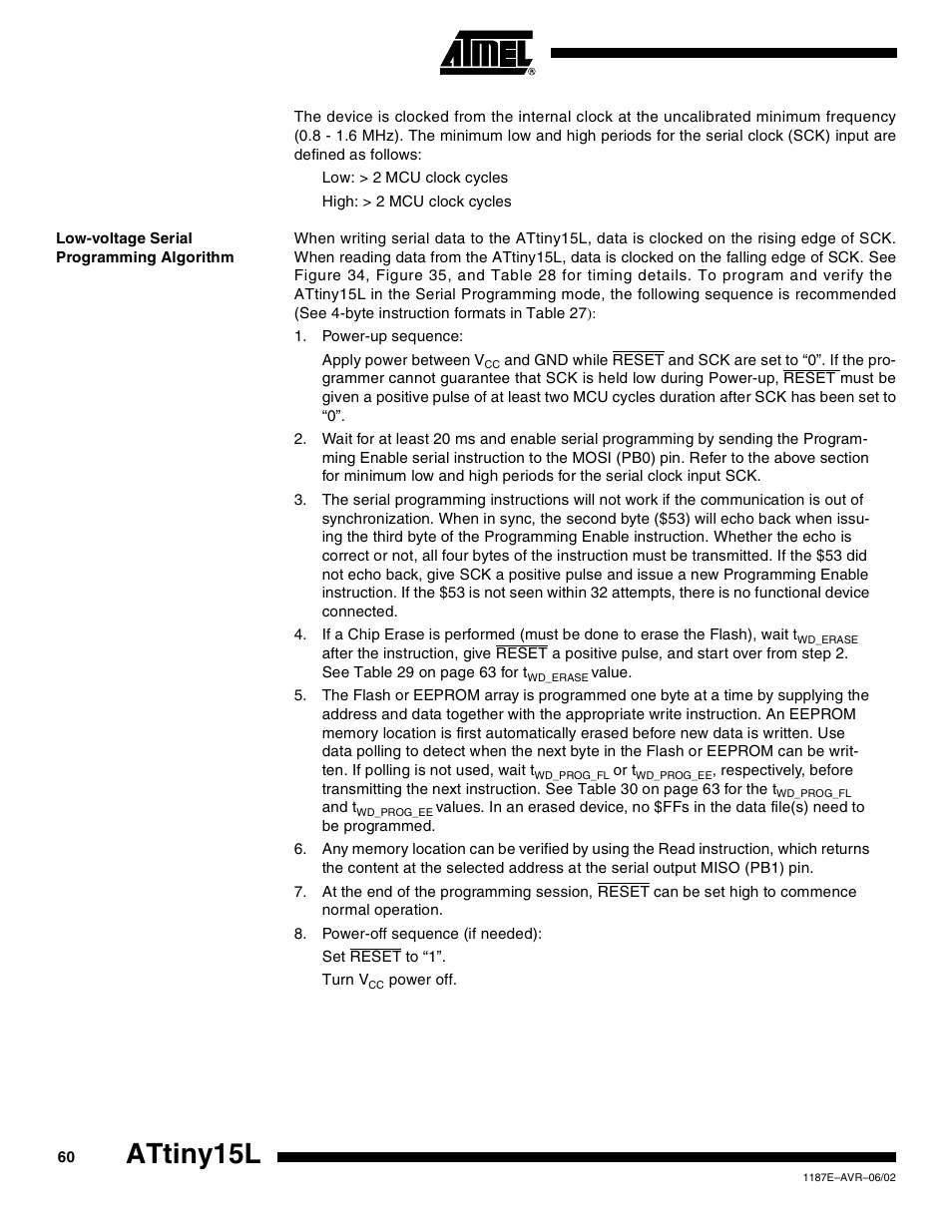 Low-voltage serial programming algorithm, Attiny15l | Rainbow Electronics ATtiny15L User Manual | Page 60 / 83