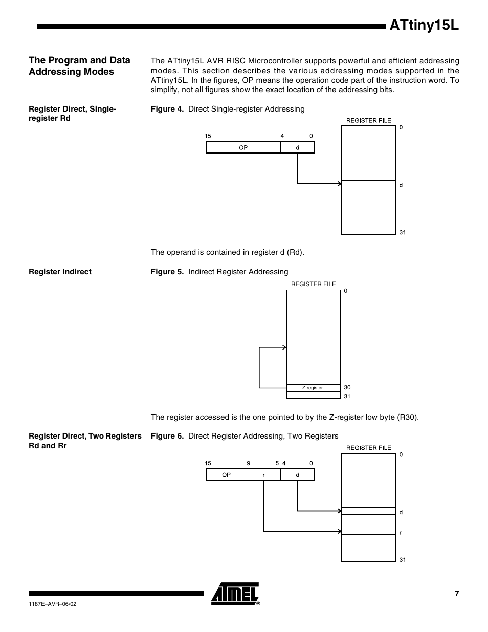 The program and data addressing modes, Register direct, single- register rd, Register indirect | Register direct, two registers rd and rr, Attiny15l | Rainbow Electronics ATtiny15L User Manual | Page 7 / 83