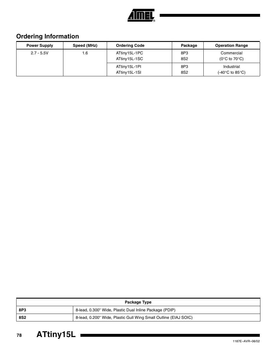 Ordering information, Attiny15l | Rainbow Electronics ATtiny15L User Manual | Page 78 / 83