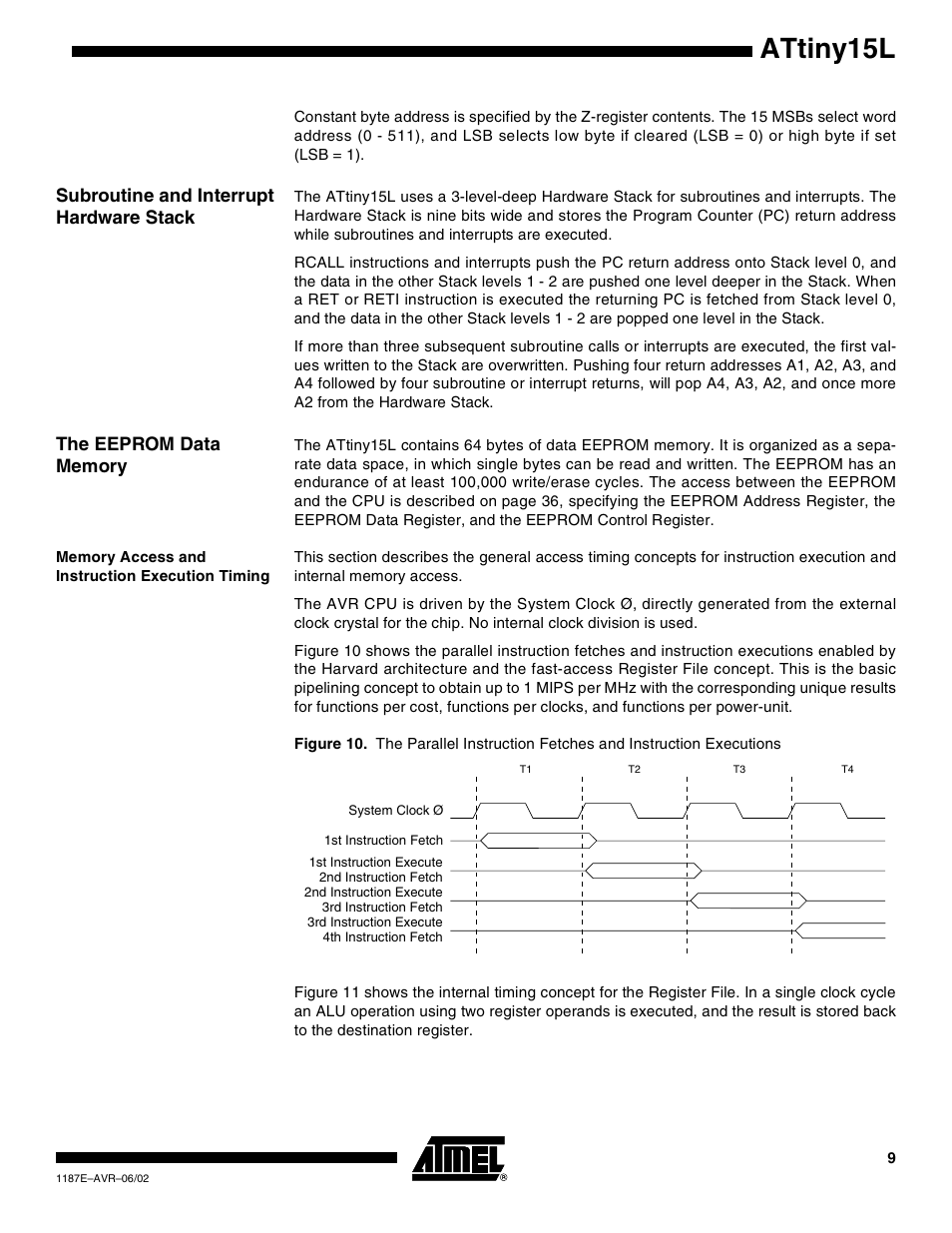 Subroutine and interrupt hardware stack, The eeprom data memory, Memory access and instruction execution timing | Attiny15l | Rainbow Electronics ATtiny15L User Manual | Page 9 / 83