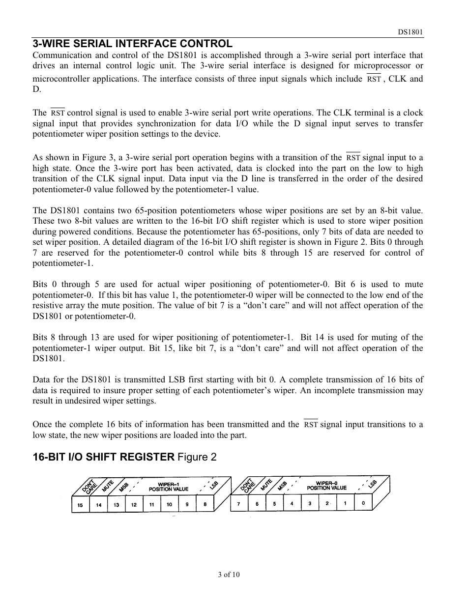 Wire serial interface control, Bit i/o shift register figure 2 | Rainbow Electronics DS1801 User Manual | Page 3 / 10