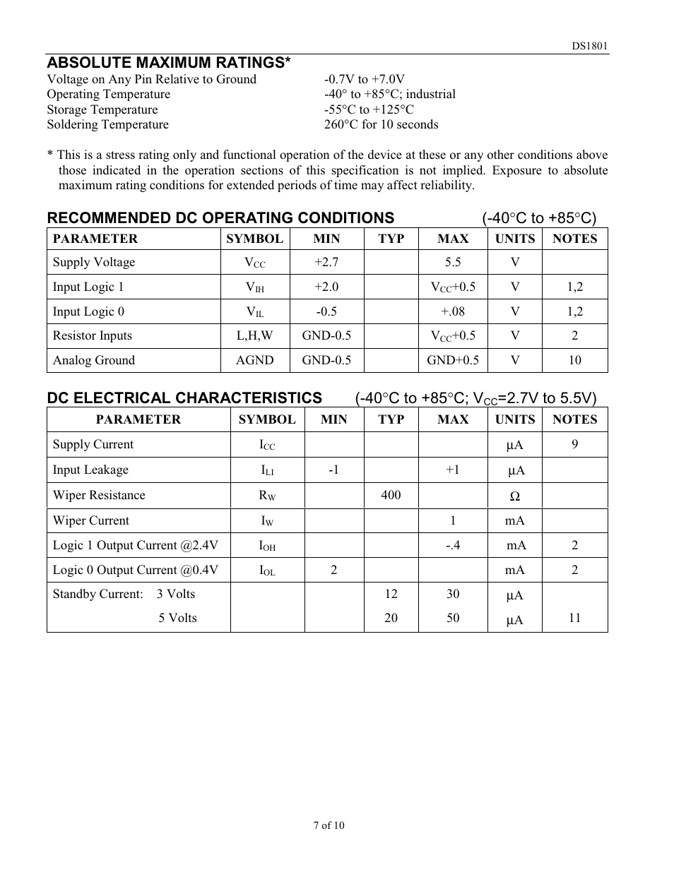 Absolute maximum ratings, Dc electrical characteristics (-40 °c to +85°c; v, 7v to 5.5v) | Rainbow Electronics DS1801 User Manual | Page 7 / 10