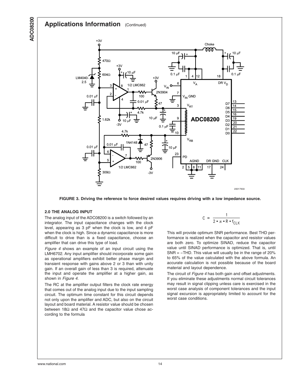 0 the analog input, Applications information | Rainbow Electronics ADC08200 User Manual | Page 14 / 18