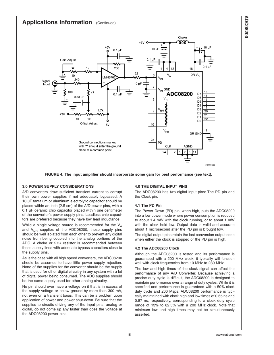 0 power supply considerations, 0 the digital input pins, 1 the pd pin | 2 the adc08200 clock, Applications information | Rainbow Electronics ADC08200 User Manual | Page 15 / 18
