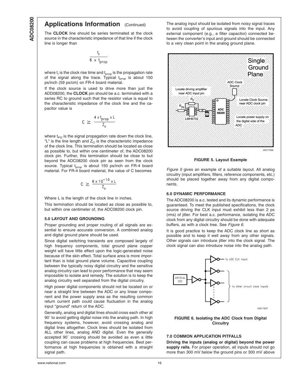 0 layout and grounding, Figure 5. layout example, 0 dynamic performance | 0 common application pitfalls, Applications information | Rainbow Electronics ADC08200 User Manual | Page 16 / 18