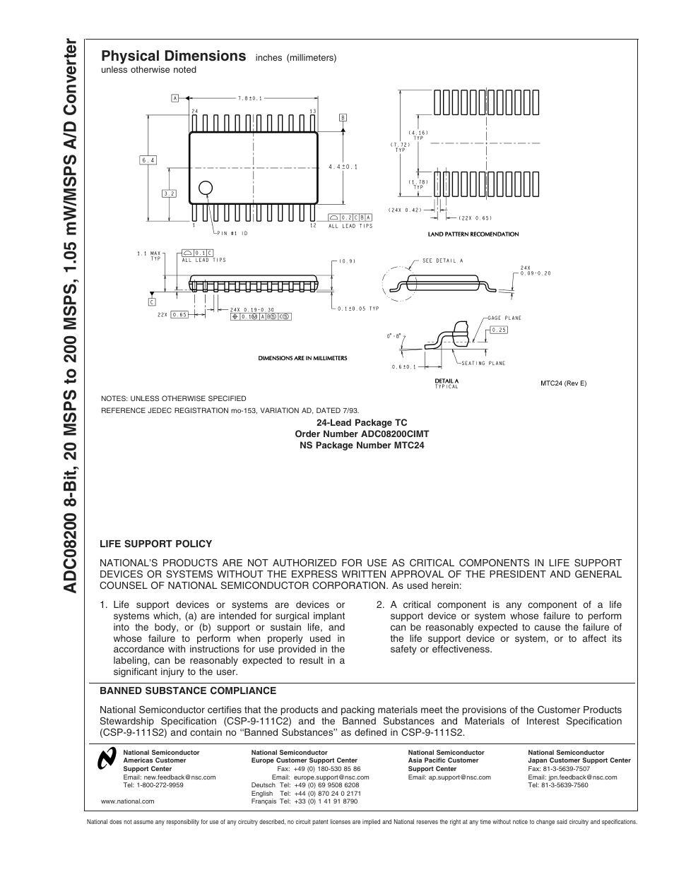 Physical dimensions | Rainbow Electronics ADC08200 User Manual | Page 18 / 18