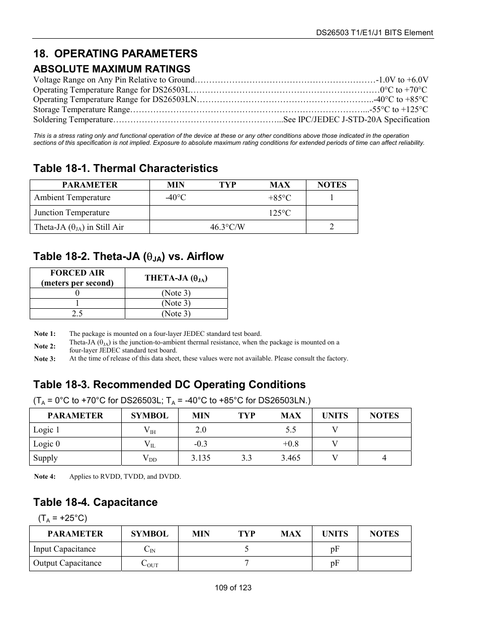 Operating parameters, Table 18-1. thermal characteristics, Table 18-2. theta-ja | Vs. airflow, Table 18-3. recommended dc operating conditions, Table 18-4. capacitance, Table 18-2. theta-ja ( q, Absolute maximum ratings | Rainbow Electronics DS26503 User Manual | Page 109 / 123