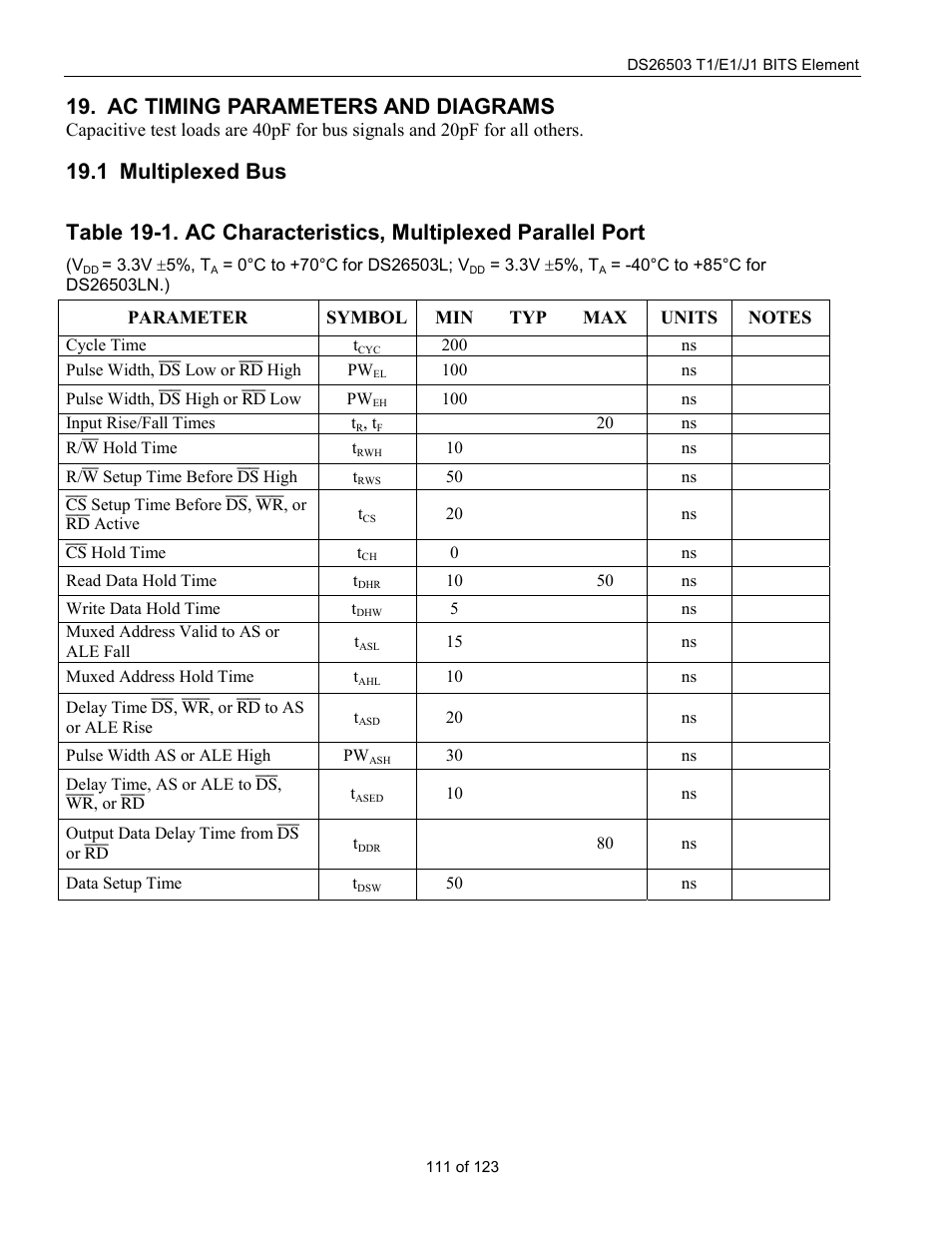 Ac timing parameters and diagrams, Multiplexed bus, Ultiplexed | 1 multiplexed bus | Rainbow Electronics DS26503 User Manual | Page 111 / 123