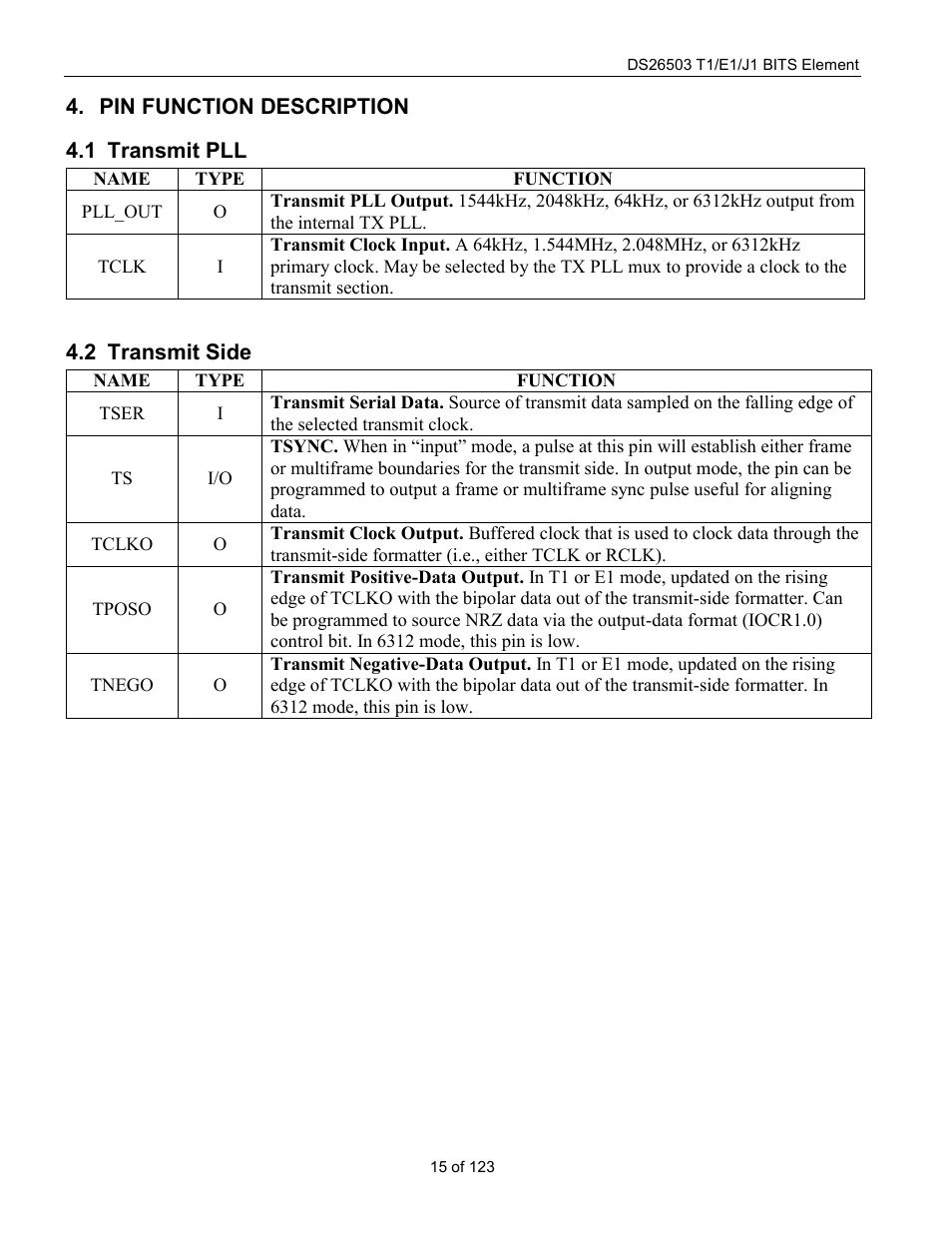 Pin function description, Transmit pll, Transmit side | Ransmit | Rainbow Electronics DS26503 User Manual | Page 15 / 123