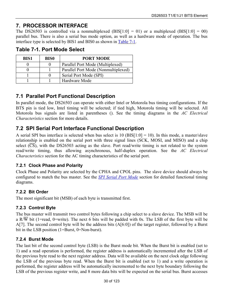 Processor interface, Parallel port functional description, Spi serial port interface functional description | Clock phase and polarity, Bit order, Control byte, Burst mode, Arallel, Unctional, Escription | Rainbow Electronics DS26503 User Manual | Page 30 / 123