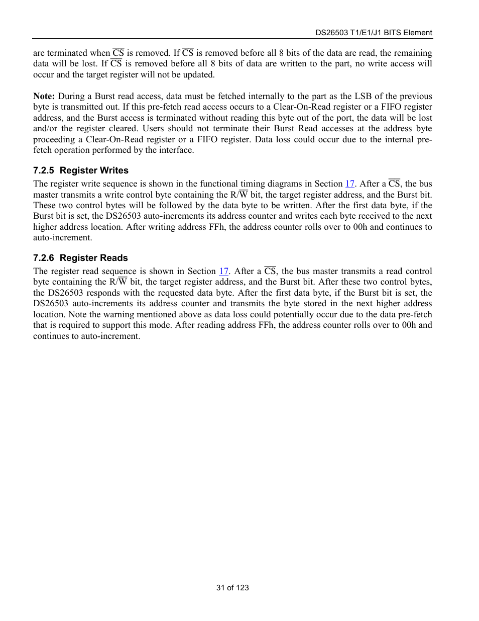 Register writes, Register reads | Rainbow Electronics DS26503 User Manual | Page 31 / 123