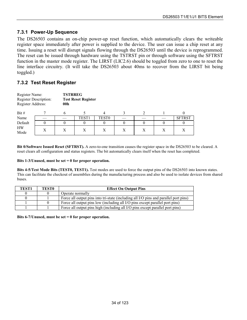 Power-up sequence, Test reset register | Rainbow Electronics DS26503 User Manual | Page 34 / 123