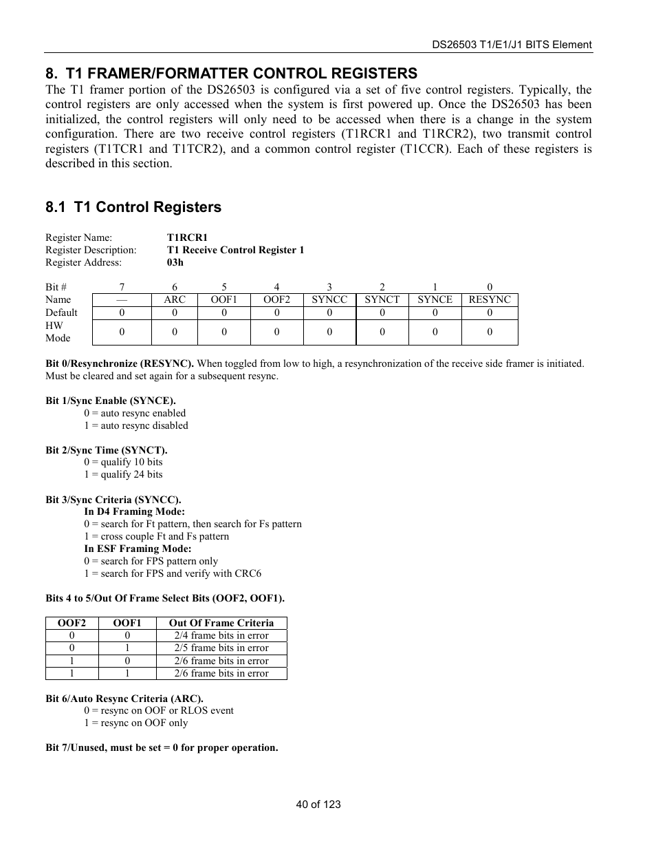 T1 framer/formatter control registers, T1 control registers, T1 c | Ontrol, Egisters, 1 t1 control registers | Rainbow Electronics DS26503 User Manual | Page 40 / 123