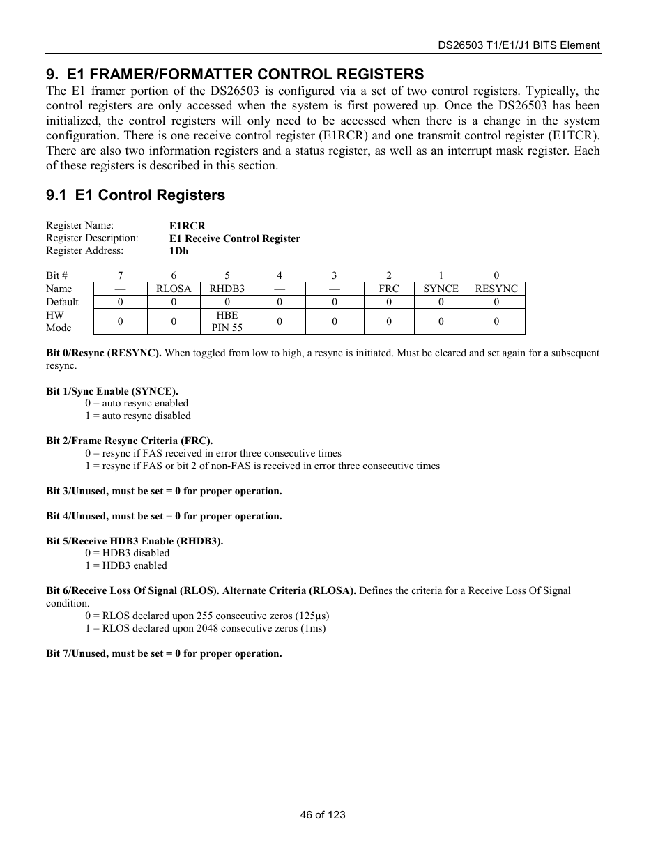 E1 framer/formatter control registers, E1 control registers, E1 c | Ontrol, Egisters, 1 e1 control registers | Rainbow Electronics DS26503 User Manual | Page 46 / 123