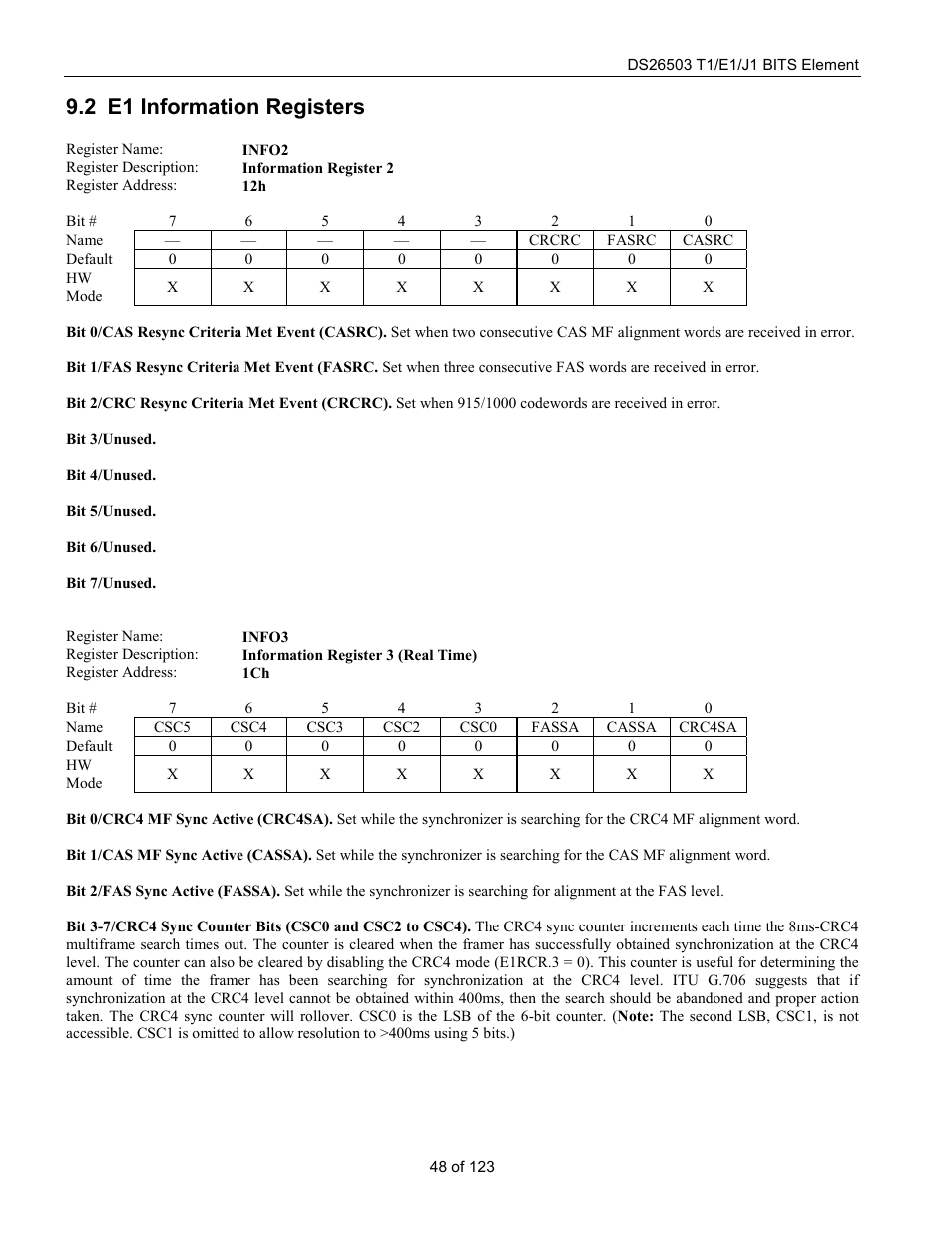 E1 information registers, E1 i, Nformation | Egisters, 2 e1 information registers | Rainbow Electronics DS26503 User Manual | Page 48 / 123