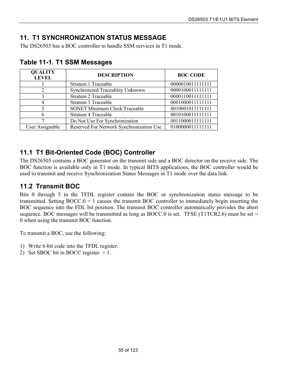 T1 synchronization status message, T1 bit-oriented code (boc) controller, Transmit boc | T1 b, Riented, Boc) c, Ontroller, Ransmit, Table 11-1. t1 ssm messages, 1 t1 bit-oriented code (boc) controller | Rainbow Electronics DS26503 User Manual | Page 55 / 123