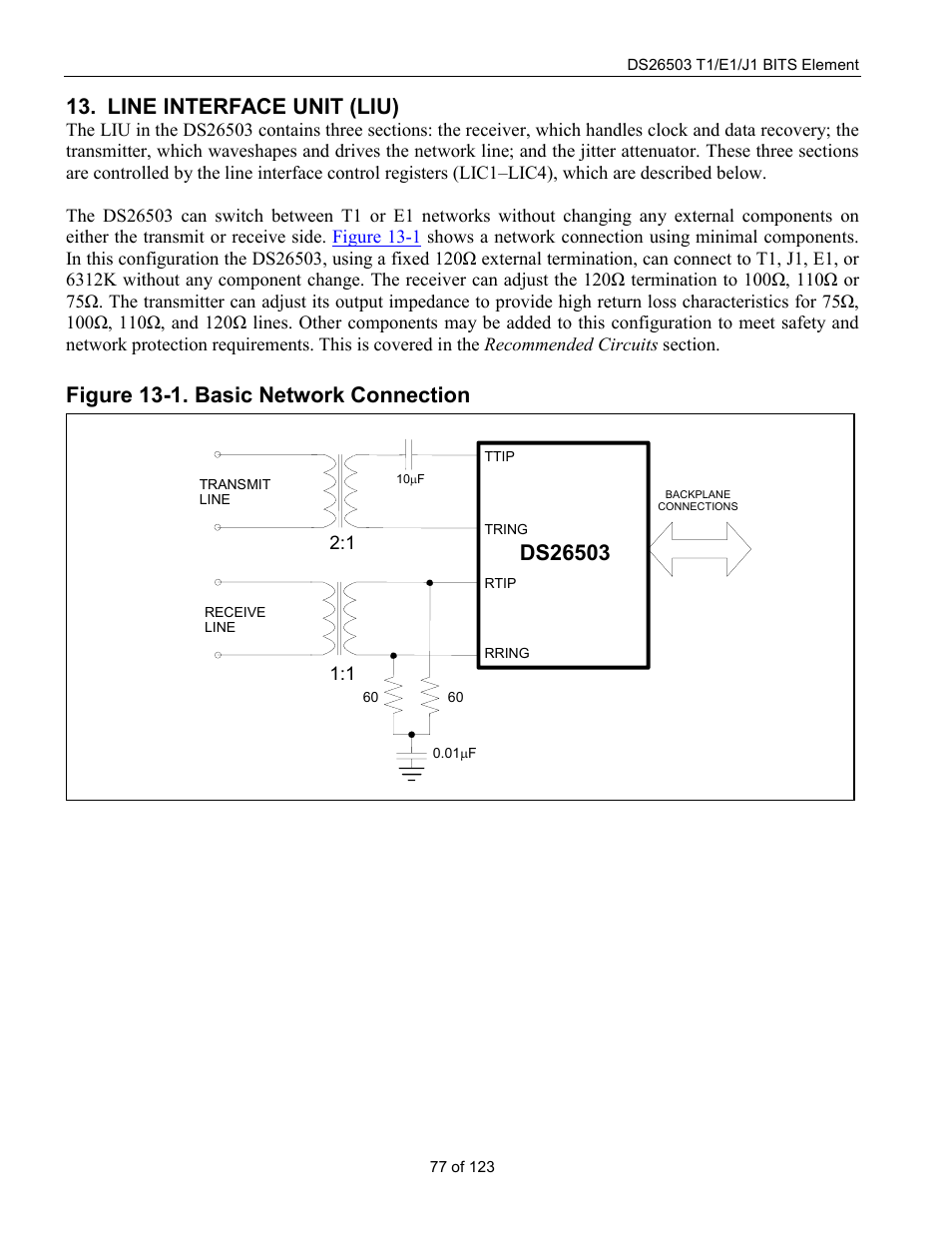 Line interface unit (liu), Figure 13-1. basic network connection | Rainbow Electronics DS26503 User Manual | Page 77 / 123