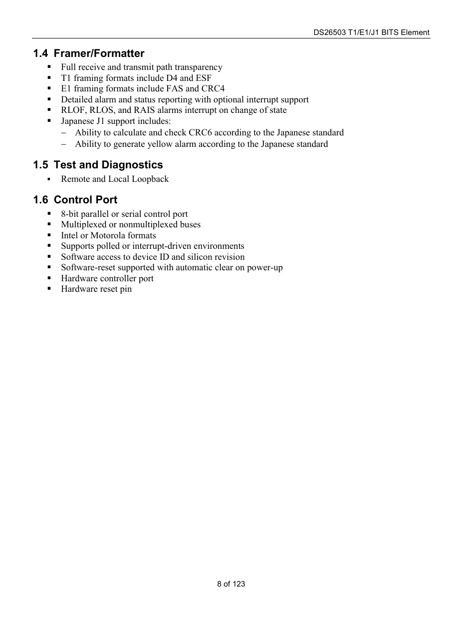 Framer/formatter, Test and diagnostics, Control port | Ramer, Ormatter, Est and, Iagnostics, Ontrol | Rainbow Electronics DS26503 User Manual | Page 8 / 123