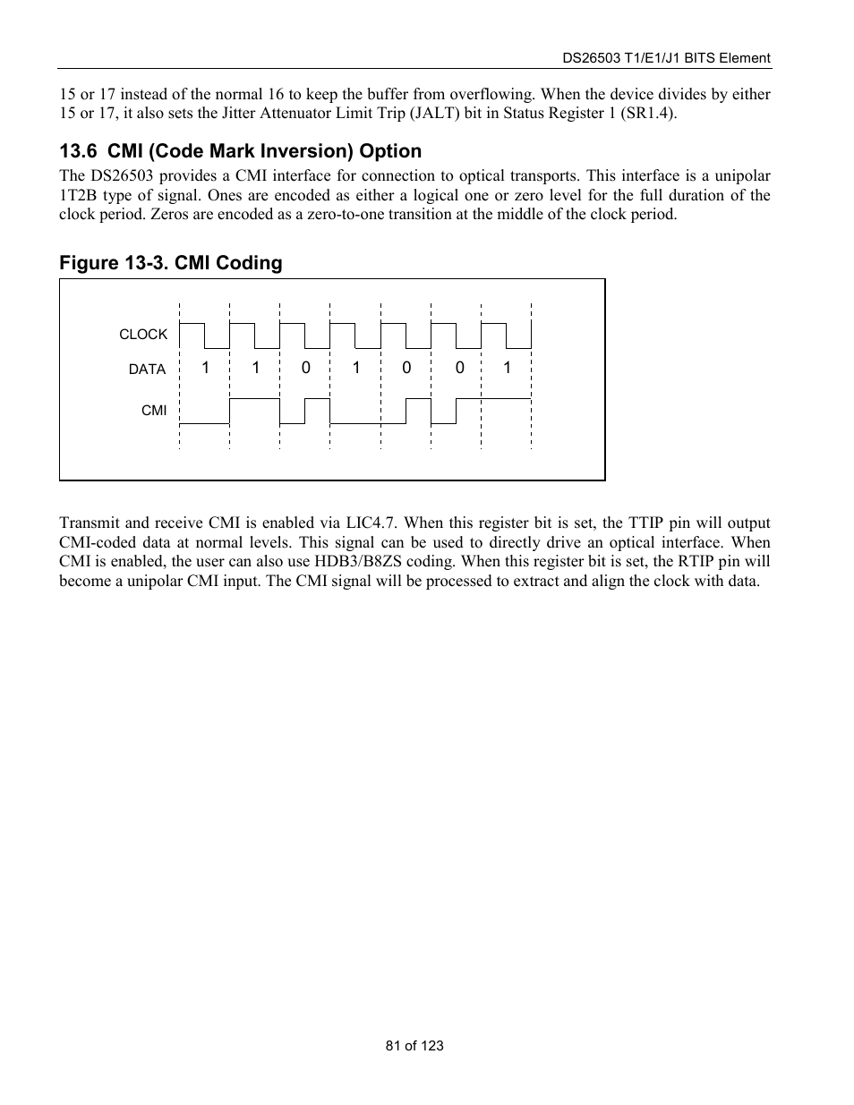 Cmi (code mark inversion) option, Cmi (c, Nversion | Ption, Figure 13-3. cmi coding, 6 cmi (code mark inversion) option | Rainbow Electronics DS26503 User Manual | Page 81 / 123