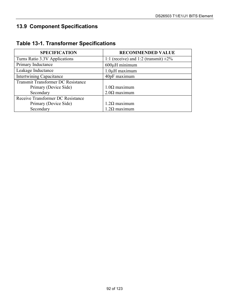 Component specifications, Omponent, Pecifications | Table 13-1. transformer specifications, D in, Table 13-1 | Rainbow Electronics DS26503 User Manual | Page 92 / 123