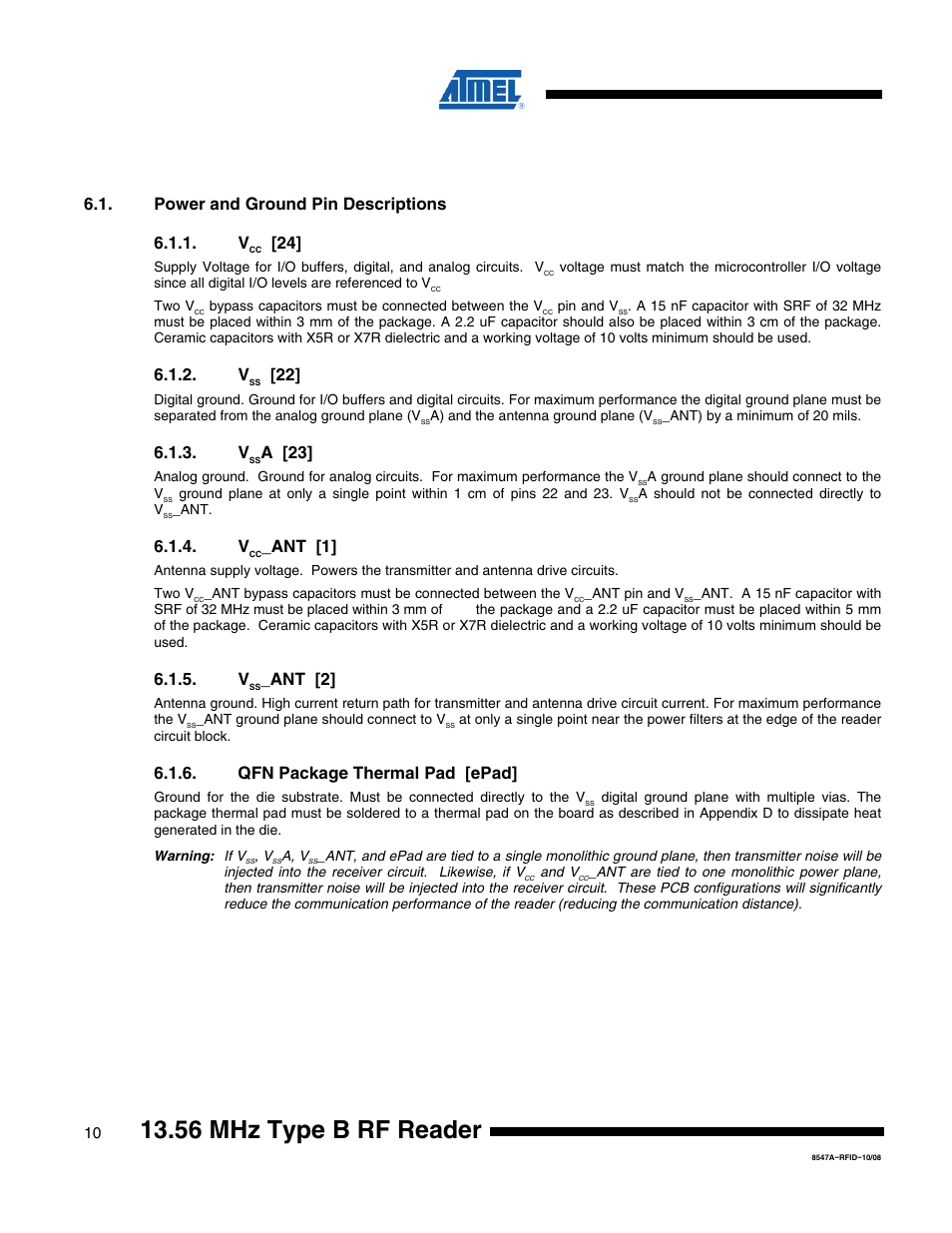 56 mhz type b rf reader, Power and ground pin descriptions 6.1.1. v, A [23 | Ant [1, Ant [2, Qfn package thermal pad [epad | Rainbow Electronics AT88RF1354 User Manual | Page 10 / 50