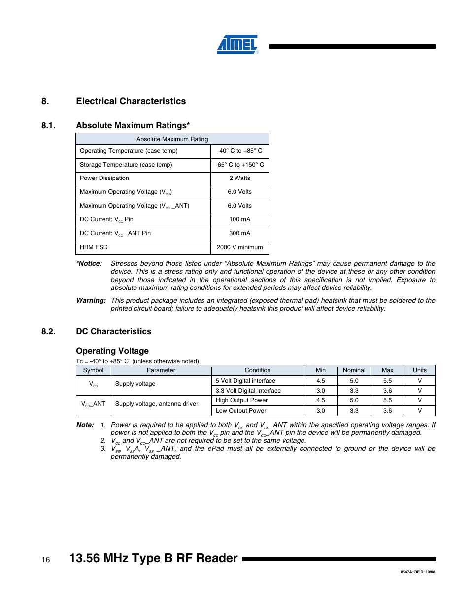 56 mhz type b rf reader, Electrical characteristics, Absolute maximum ratings | Dc characteristics operating voltage | Rainbow Electronics AT88RF1354 User Manual | Page 16 / 50