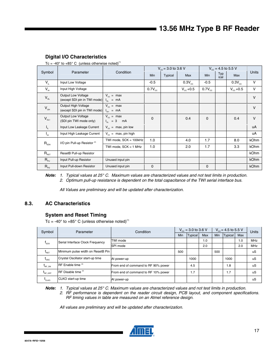56 mhz type b rf reader, Digital i/o characteristics, Ac characteristics system and reset timing | Rainbow Electronics AT88RF1354 User Manual | Page 17 / 50