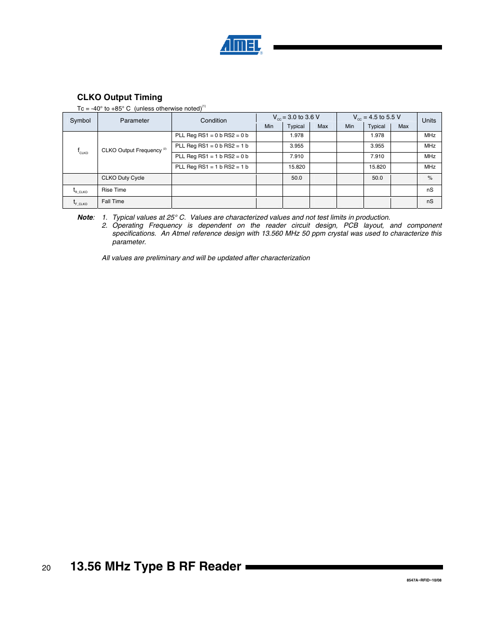 56 mhz type b rf reader, Clko output timing | Rainbow Electronics AT88RF1354 User Manual | Page 20 / 50