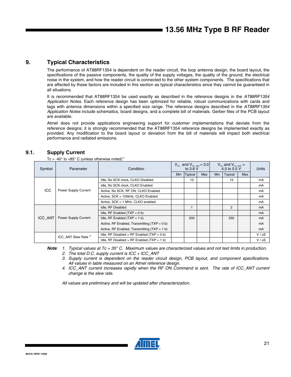 56 mhz type b rf reader, Typical characteristics, Supply current | Rainbow Electronics AT88RF1354 User Manual | Page 21 / 50