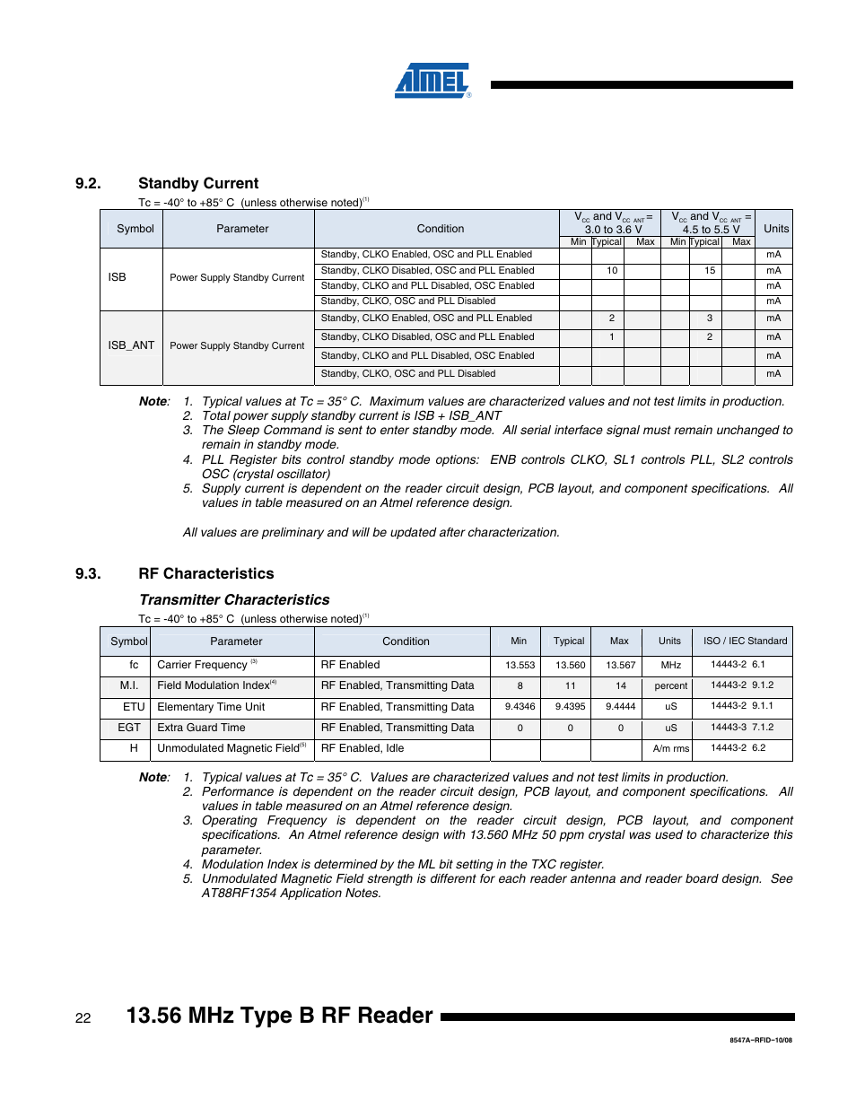 56 mhz type b rf reader, Standby current, Rf characteristics | Transmitter characteristics | Rainbow Electronics AT88RF1354 User Manual | Page 22 / 50