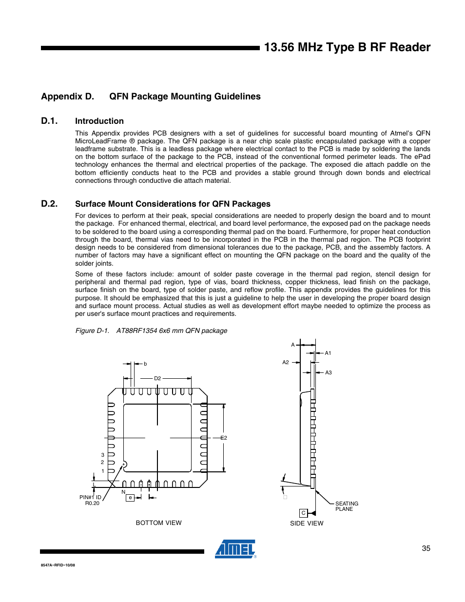 56 mhz type b rf reader, Appendix d. qfn package mounting guidelines d.1 | Rainbow Electronics AT88RF1354 User Manual | Page 35 / 50