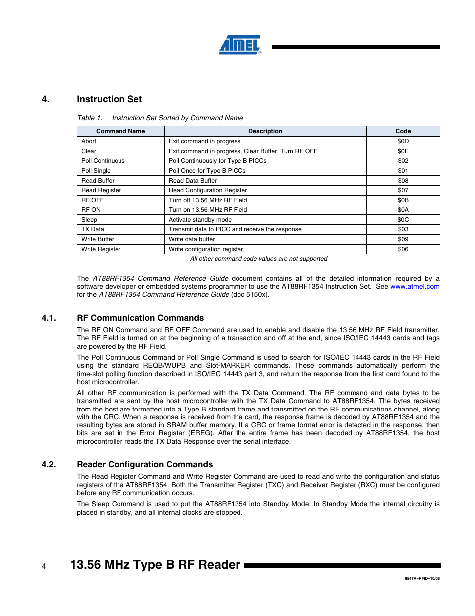 56 mhz type b rf reader, Instruction set | Rainbow Electronics AT88RF1354 User Manual | Page 4 / 50