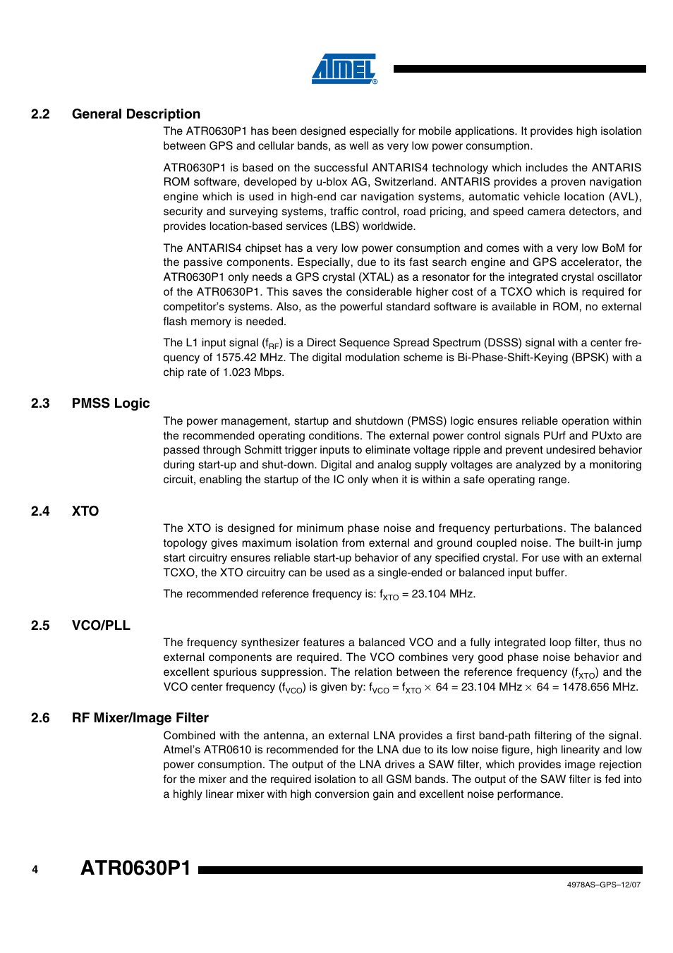 2 general description, 3 pmss logic, 4 xto | 5 vco/pll, 6 rf mixer/image filter | Rainbow Electronics ATR0630P1 User Manual | Page 4 / 14